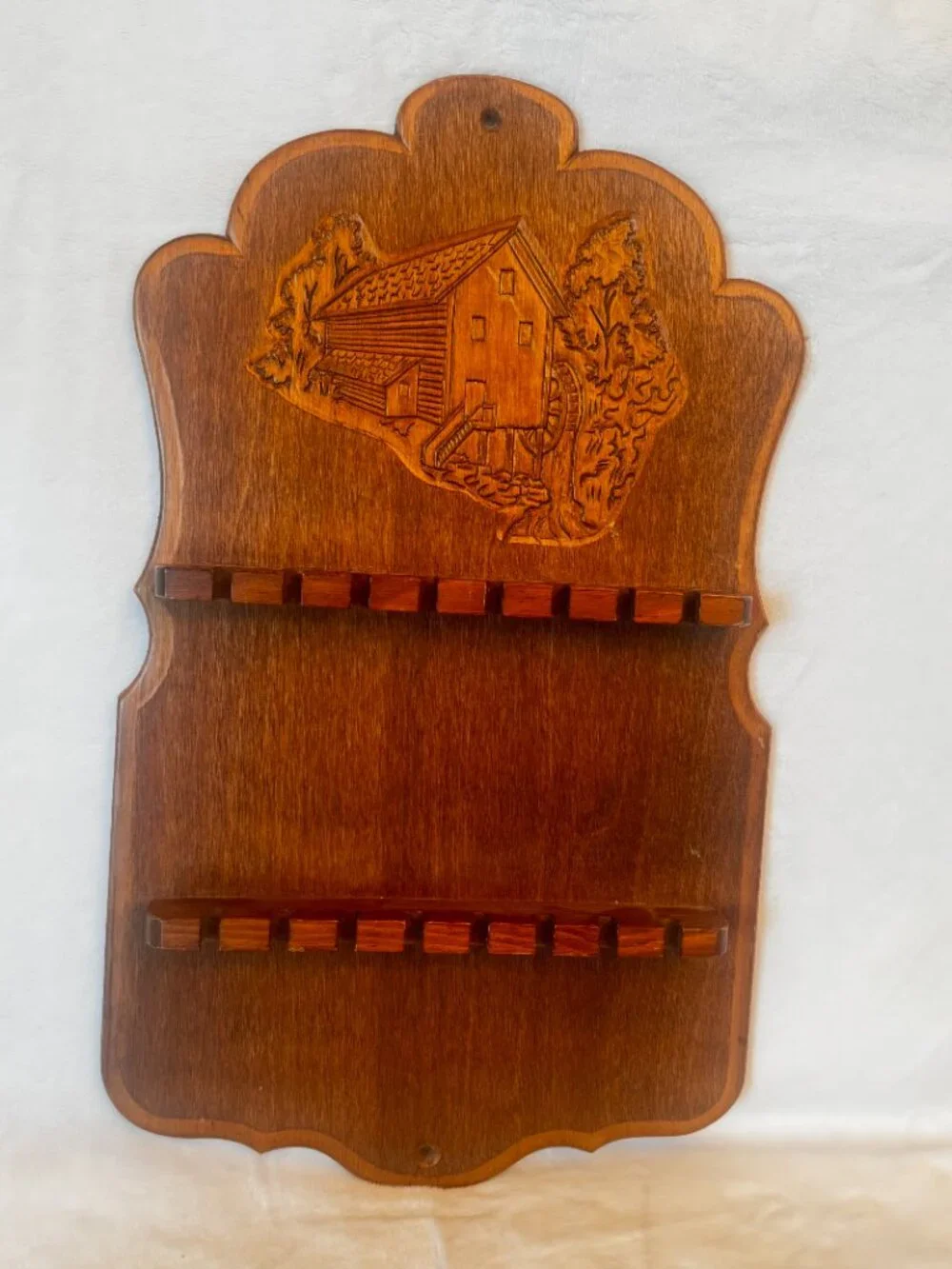 1960s Wood Souvenir Spoon Rack Grist Mill Motif Wall Mount Holds 16 Spoons Vtg